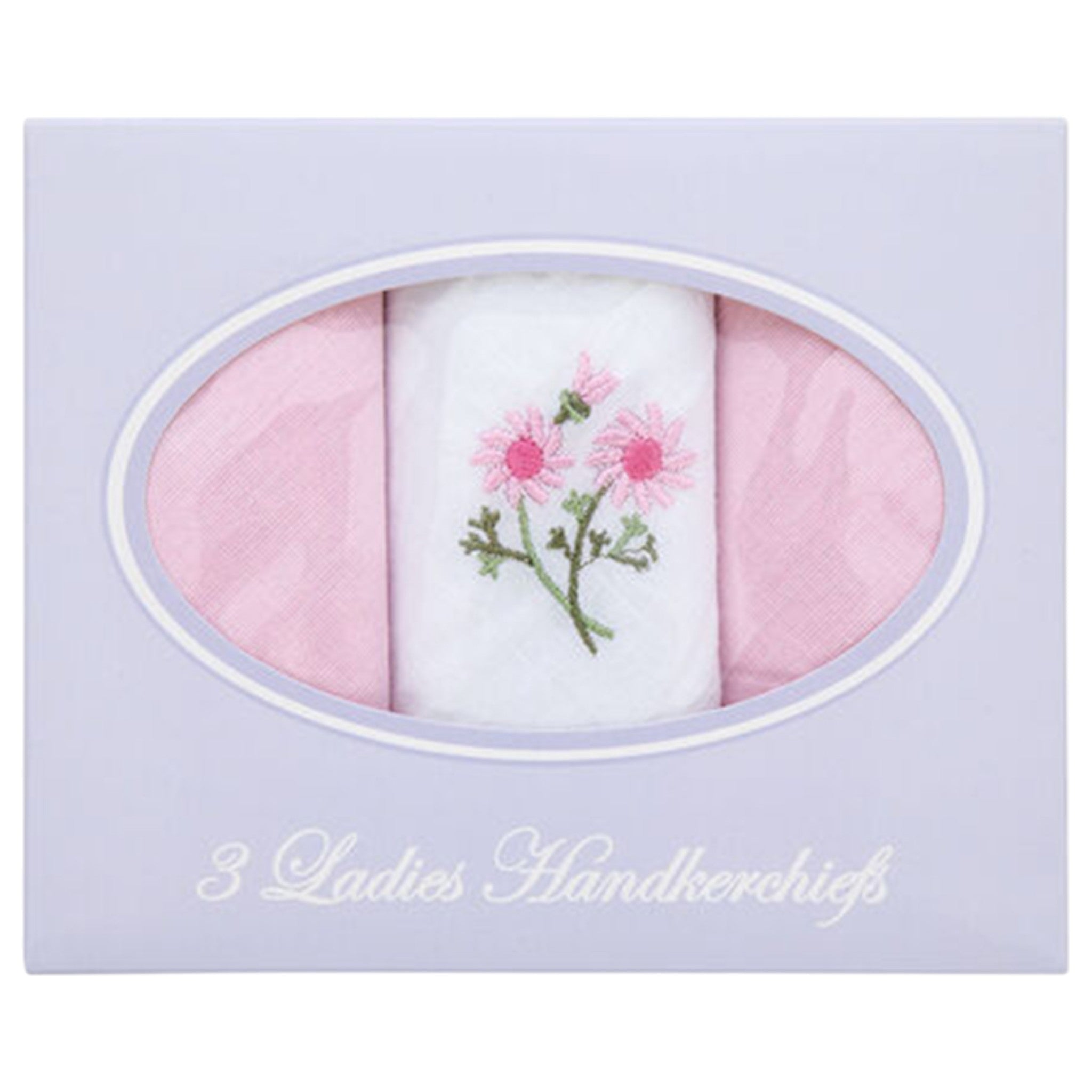 3 ladies cotton handkerchiefs in gift box with pink floral embroidery and pastel design